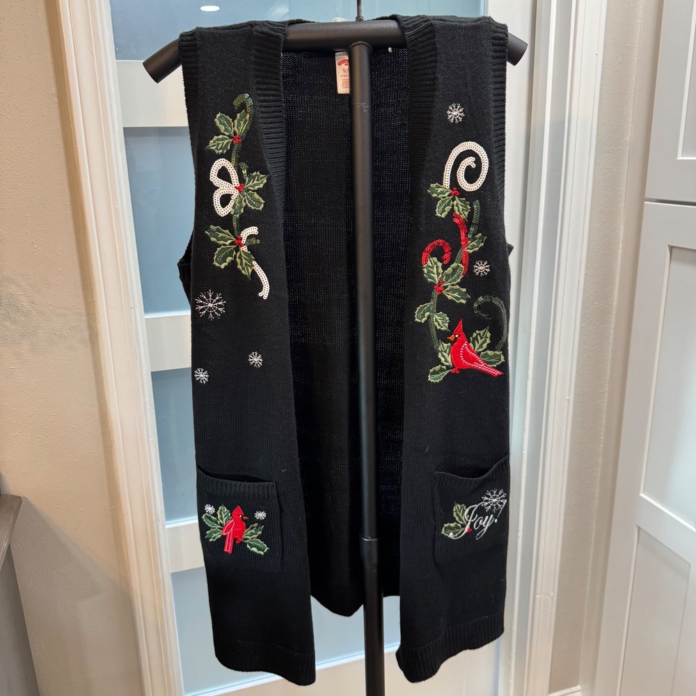 Holiday Time Womens XL Black Cardinal Holly Sequin Christmas Sweater Vest Long
